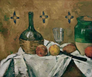 Stilleben: flaska, glas och keramik
